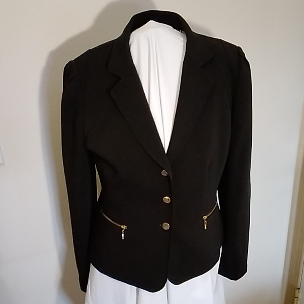 Black polyester  coat with brass buttons